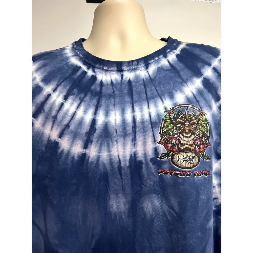 Psycho Tuna Mens Blue Floral Tie Dye Graphic Tiki T-Shirt Large All Over Print - Picture 4 of 6